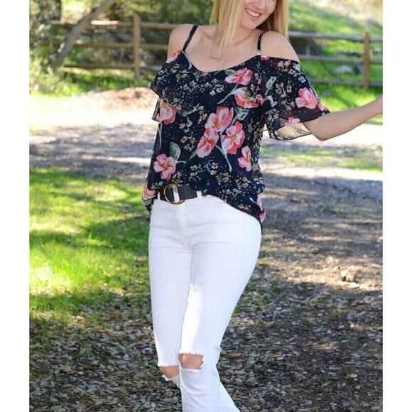Cabi Sz S Ruffled Cold Shoulder Floral Print Top Romantic Blouse - Picture 3 of 16